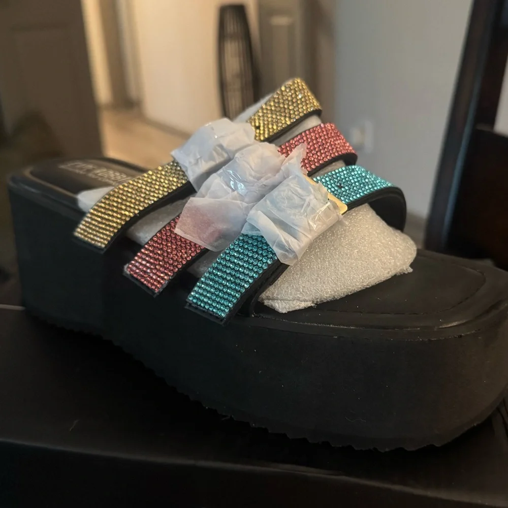 😎Cape Robbin Yellow, Coral & Teal Triple-Strap Platform Slide☀️BRAND NEW IN BOX